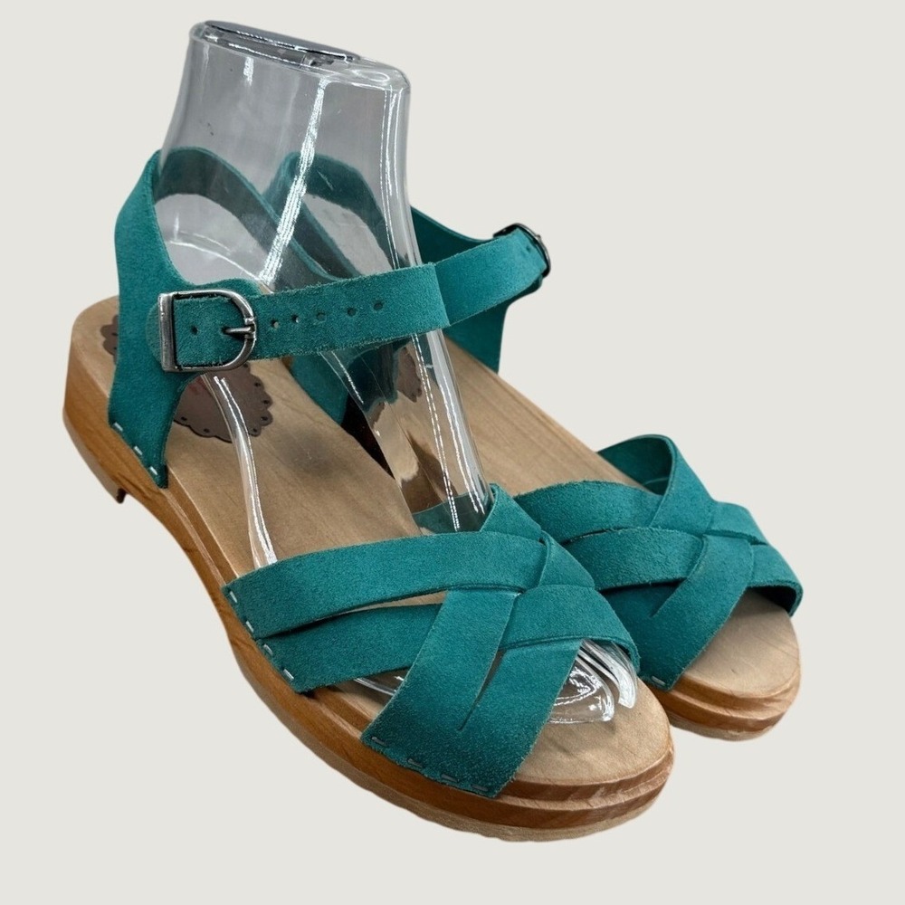 Hanna Andersson Wooden Clog Sandals Size‎ 6Y Teal Suede Boho Cottagecore Swedish